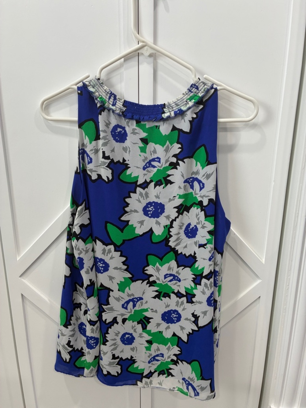 Blue Floral Tank Top with Green and White Blooms